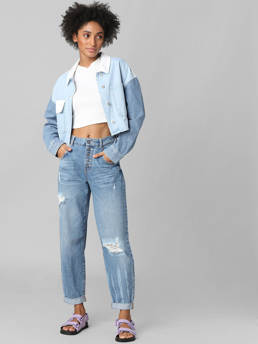 Blue Colourblocked Denim Jacket