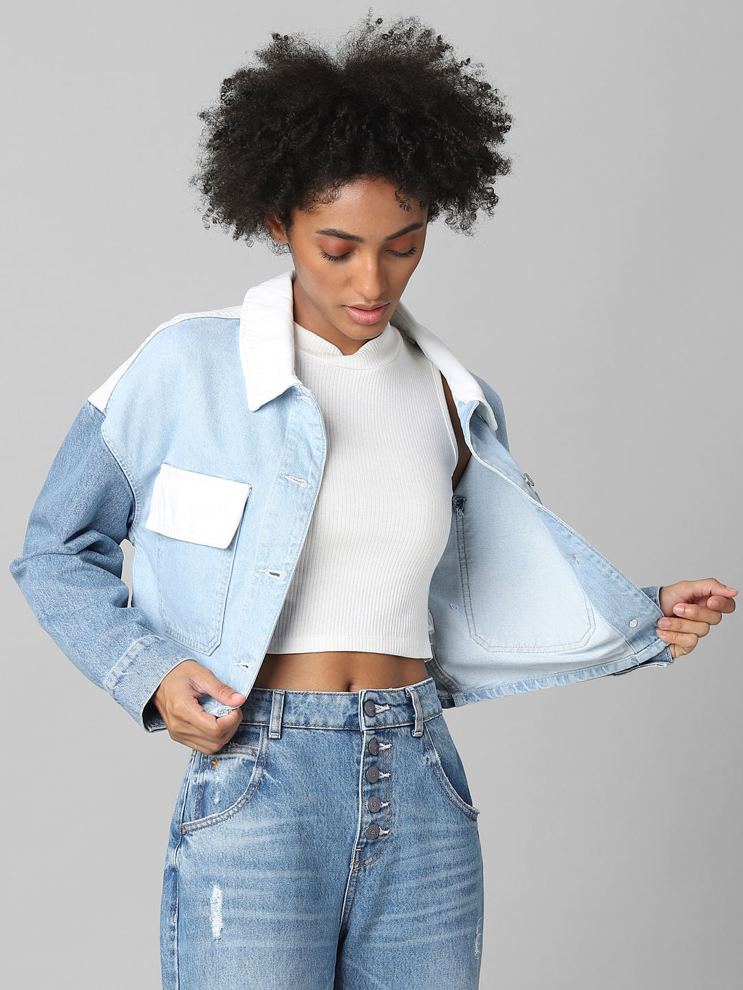 Blue Colourblocked Denim Jacket