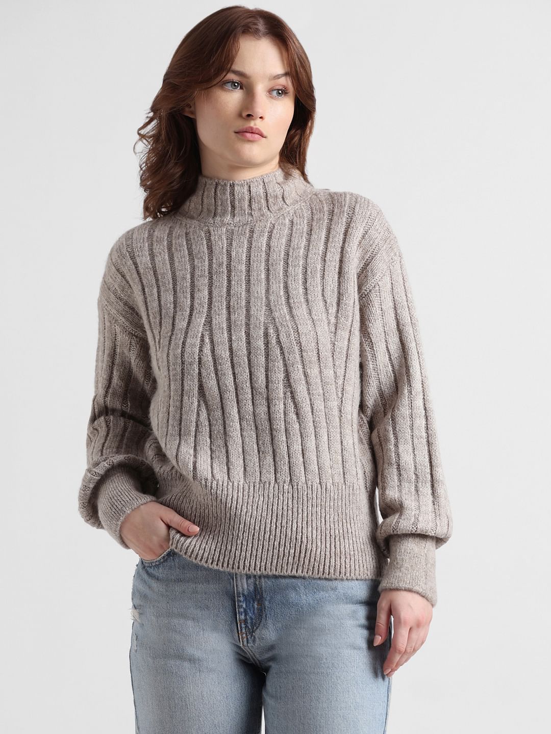 Grey Cable Knit High-Neck Pullover