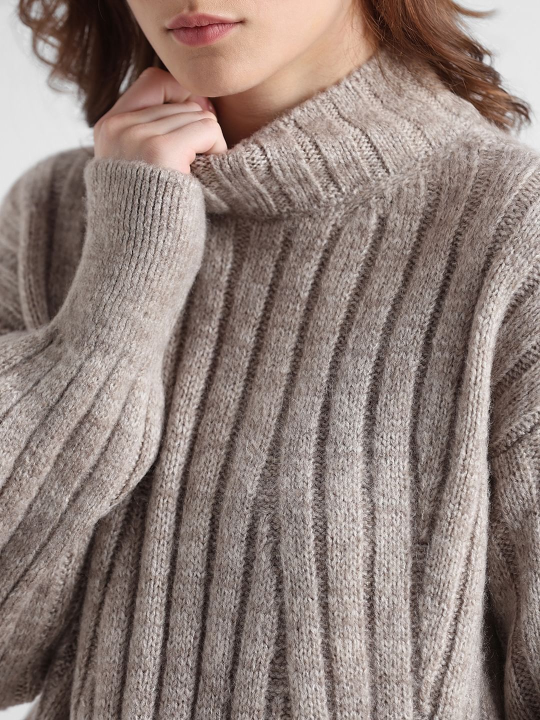 Grey Cable Knit High-Neck Pullover