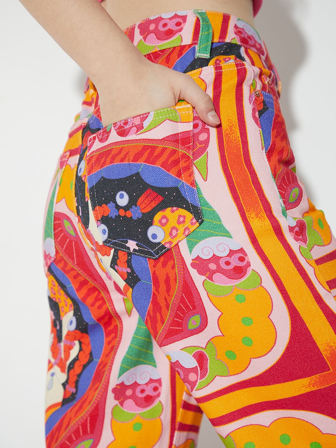 Only X Artverse Orange High-Rise Printed Straight Fit Jeans