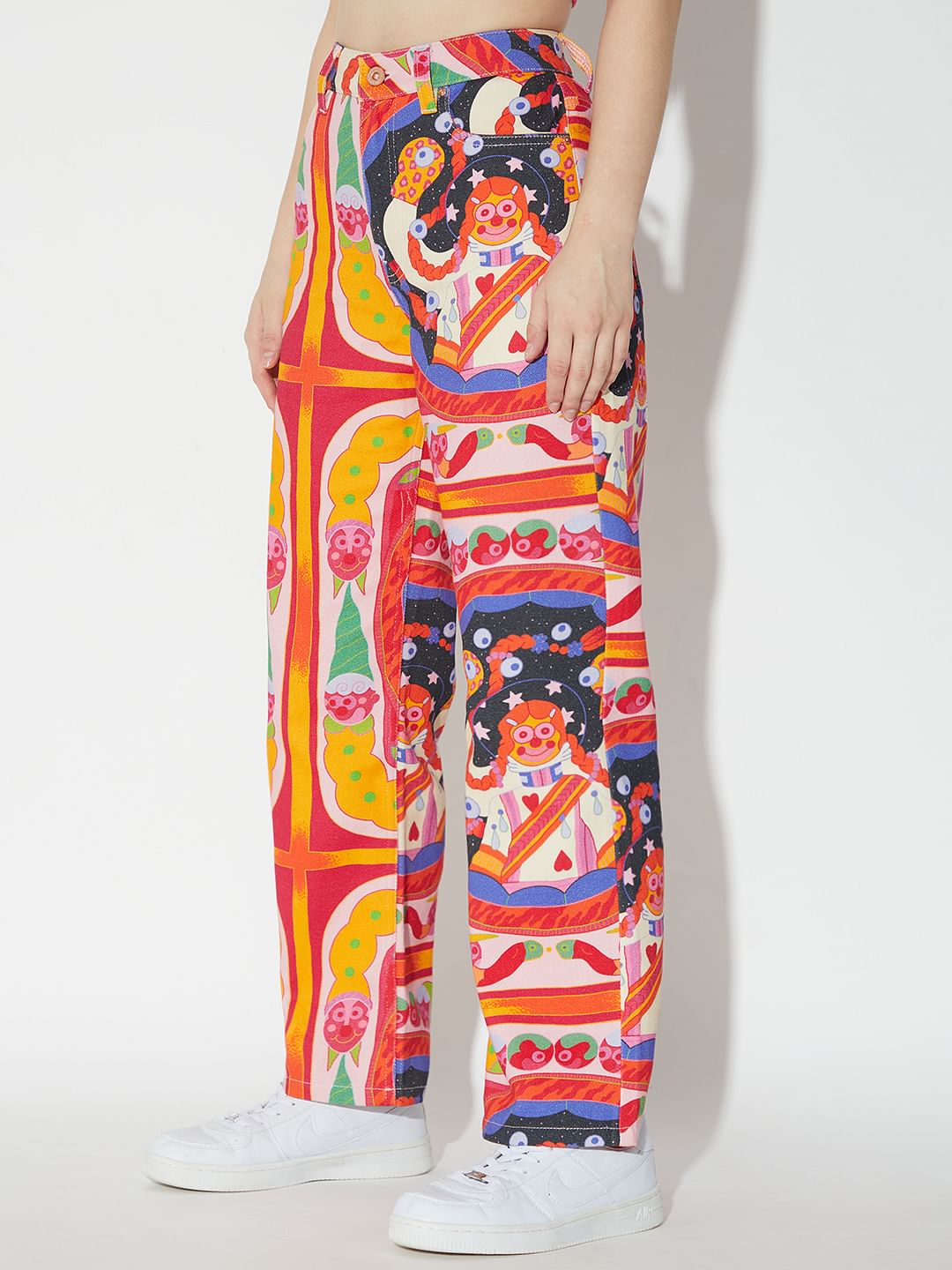 Only X Artverse Orange High-Rise Printed Straight Fit Jeans