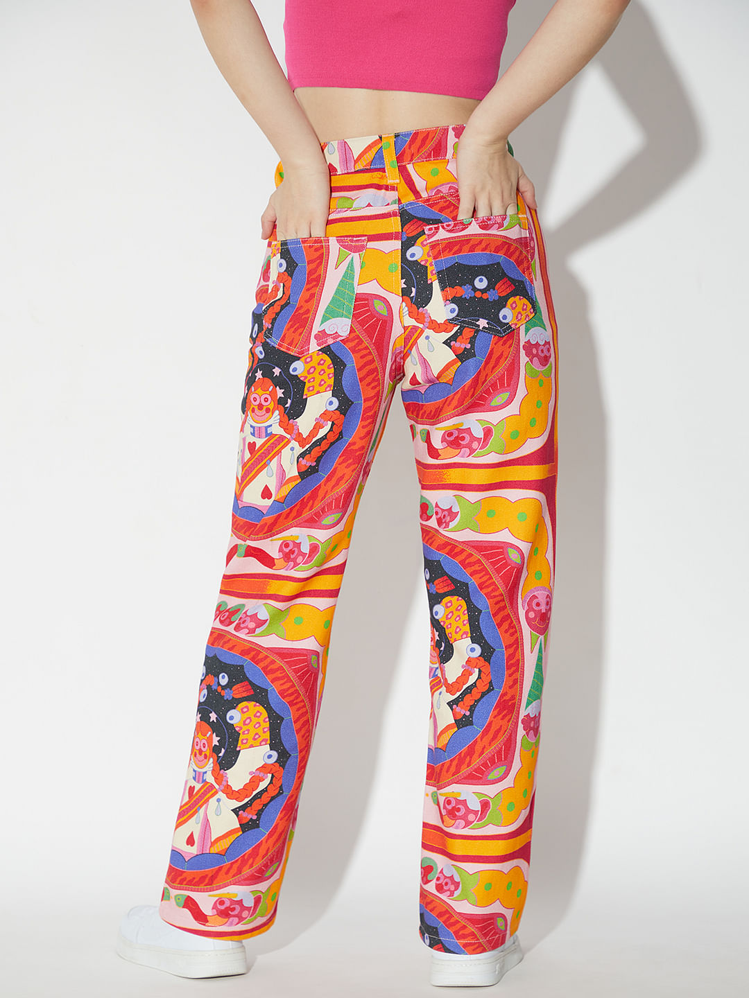 Only X Artverse Orange High-Rise Printed Straight Fit Jeans