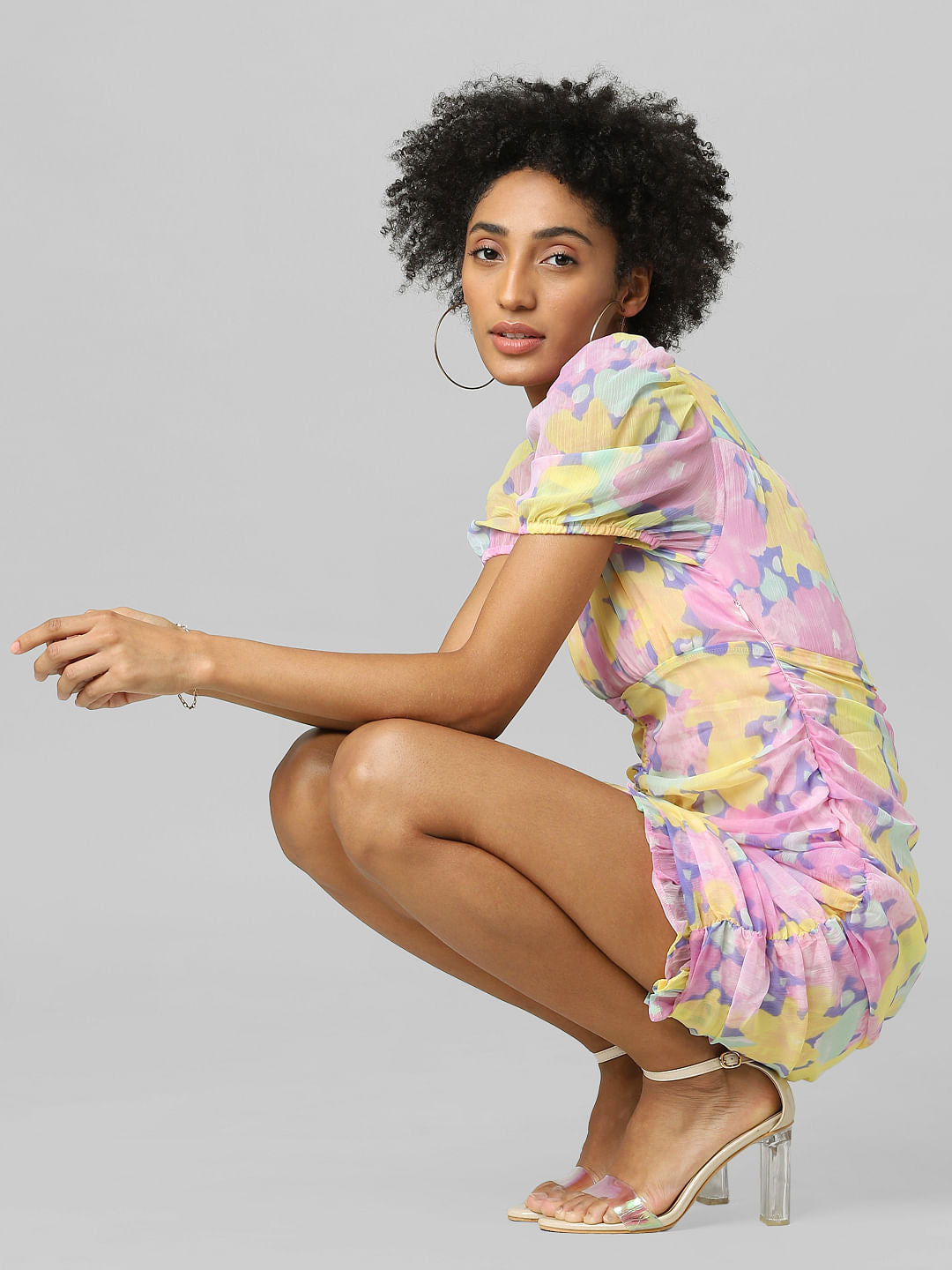 Multi-Coloured Floral Ruched Dress