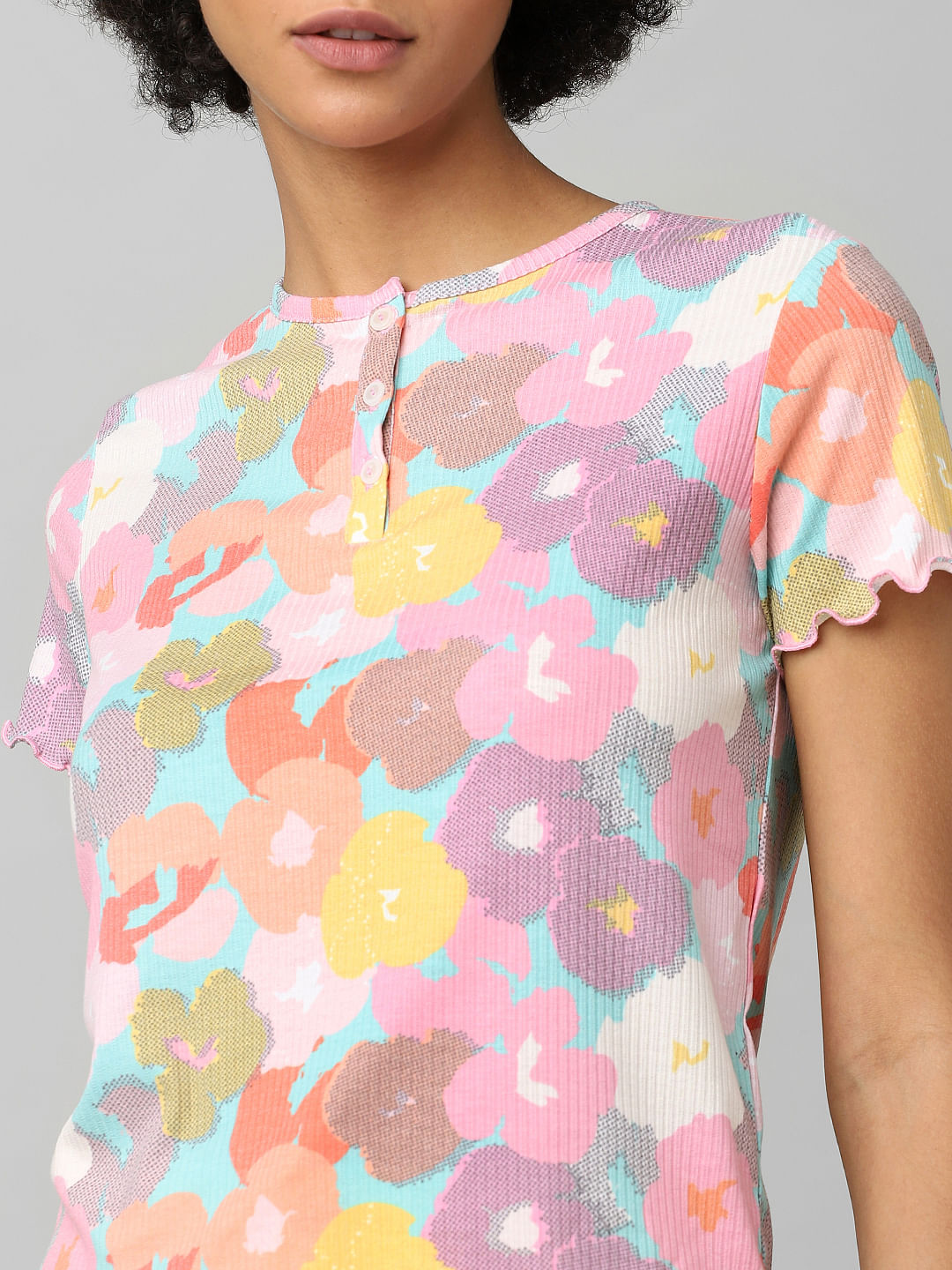 Multi-Colour Floral Ribbed T-Shirt