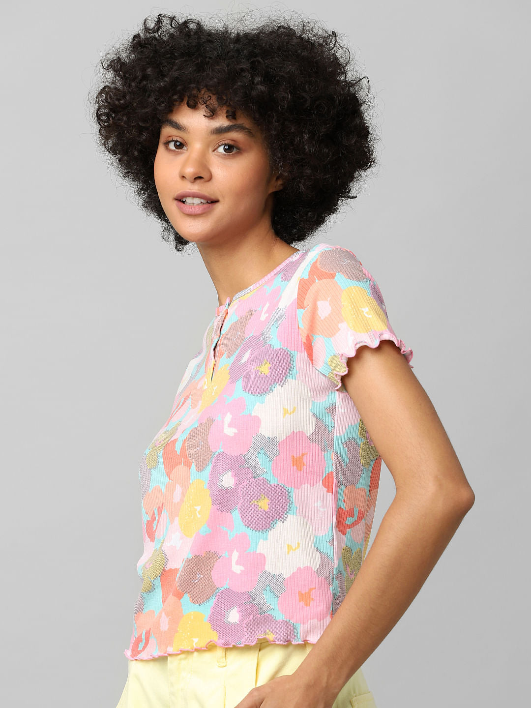 Multi-Colour Floral Ribbed T-Shirt