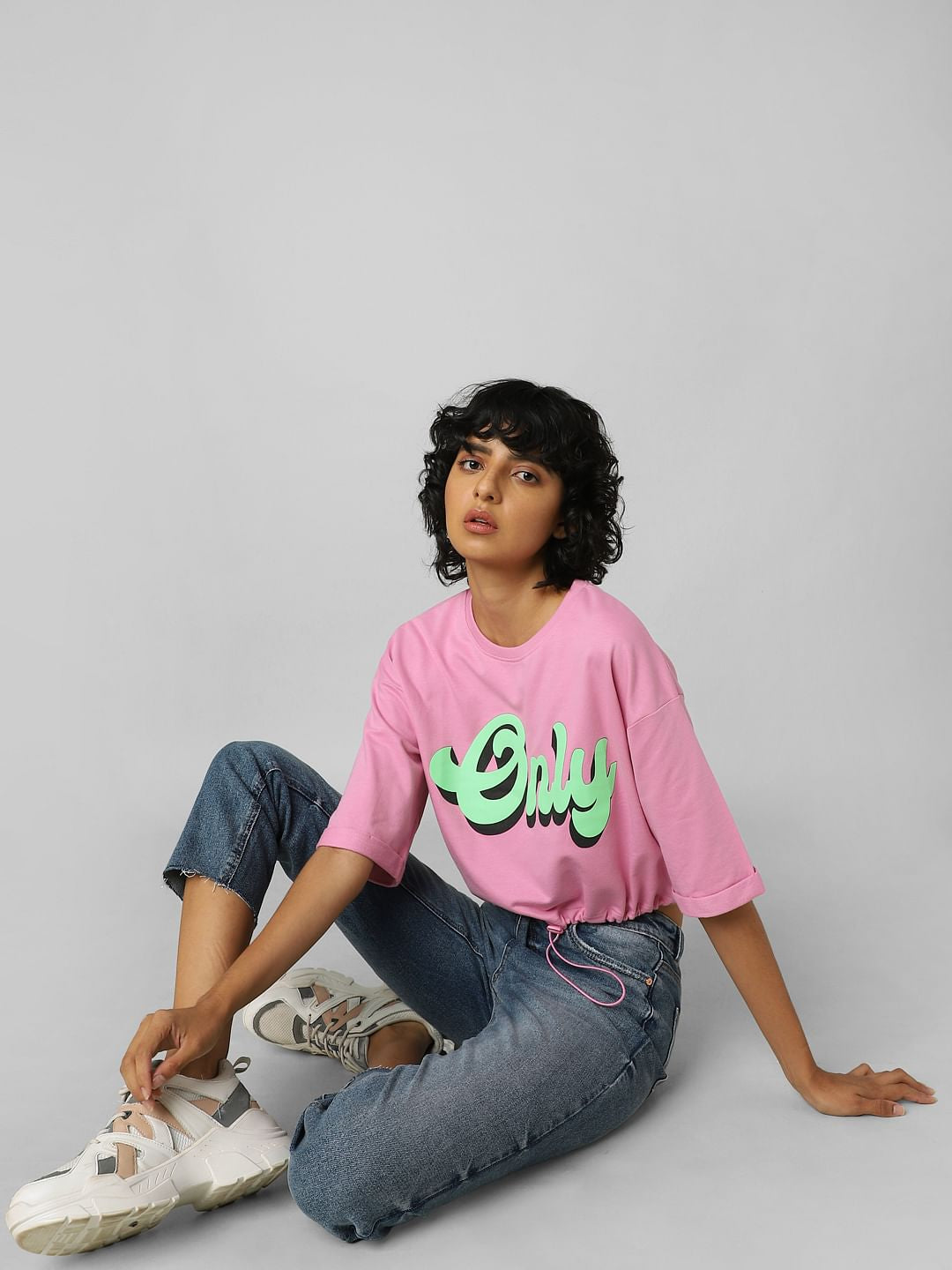 Pink Logo Print Cropped Sweatshirt