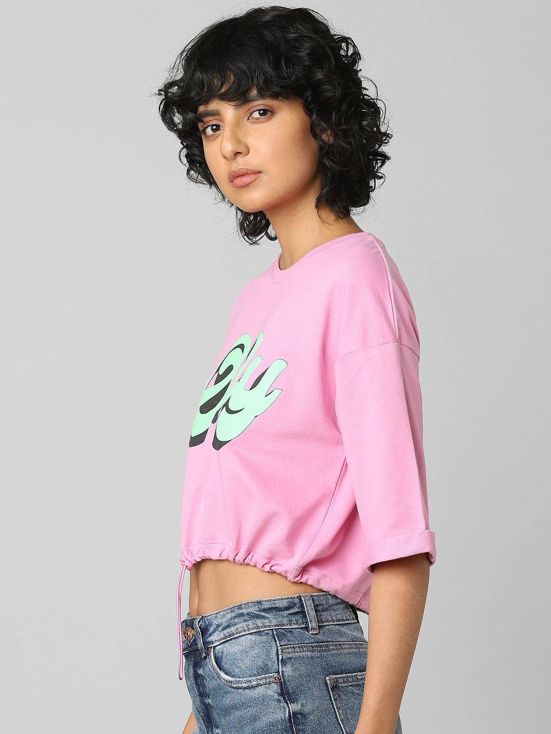 Pink Logo Print Cropped Sweatshirt