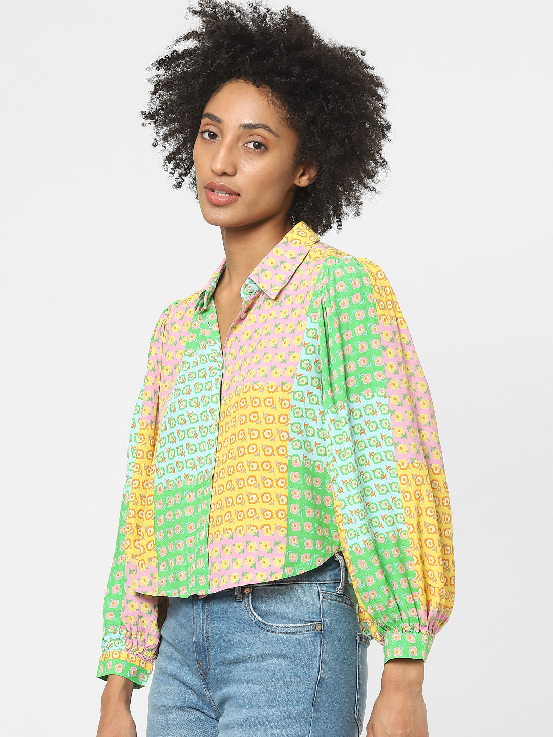 Green Colourblocked Printed Shirt