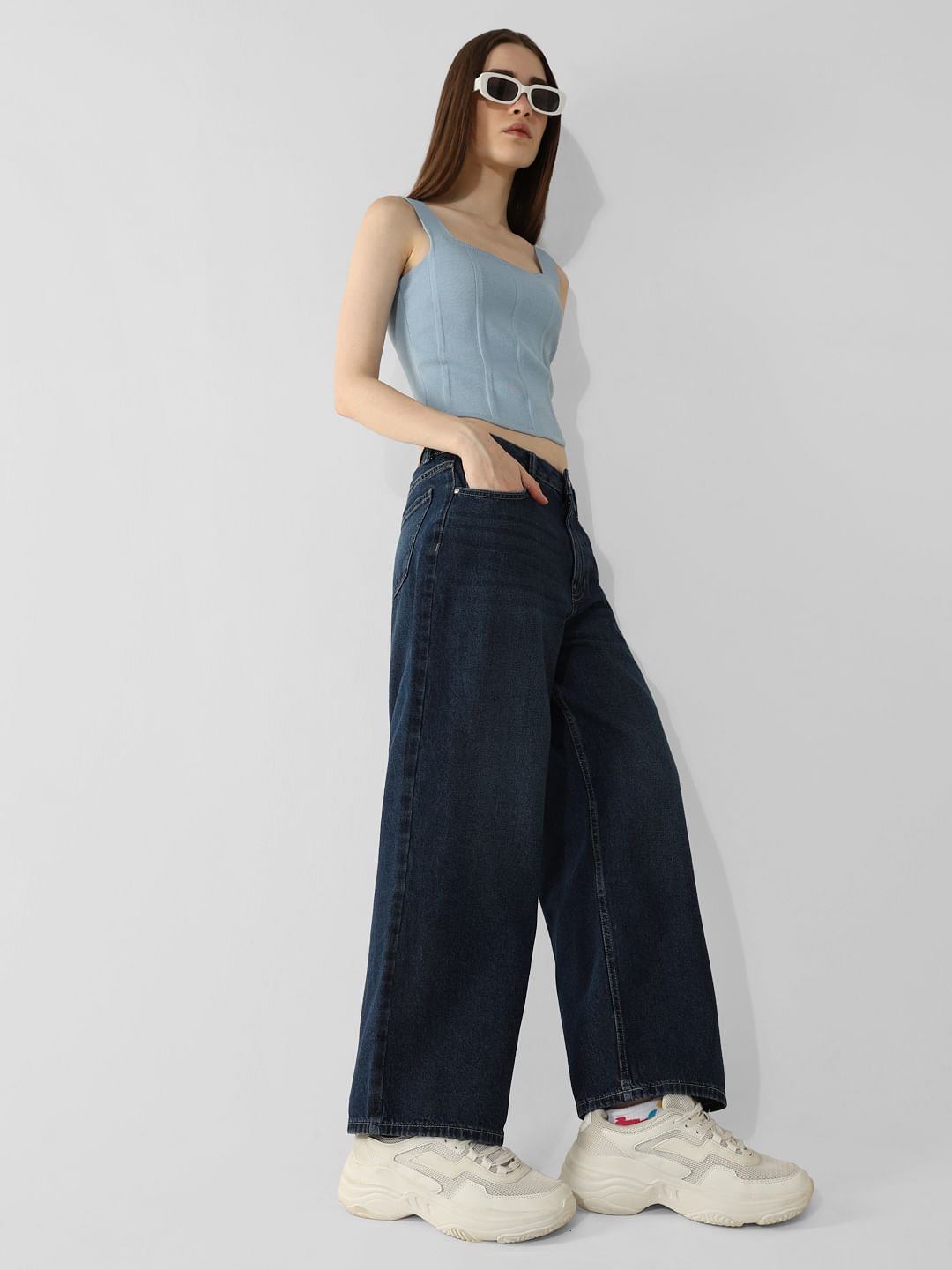 Dark Blue High Rise Titanium Wide Leg Jeans