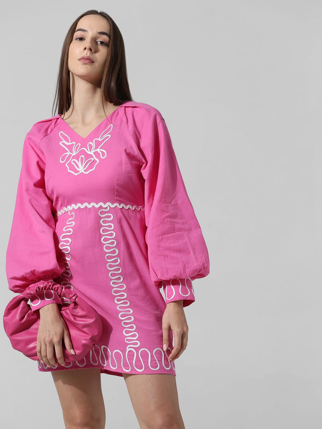 Pink Applique Detail Short Dress - 34