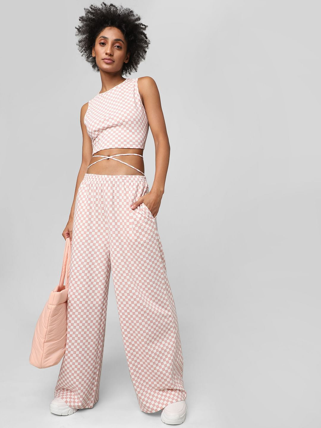 Pink High Rise Check Wide Leg Co-Ord Pants