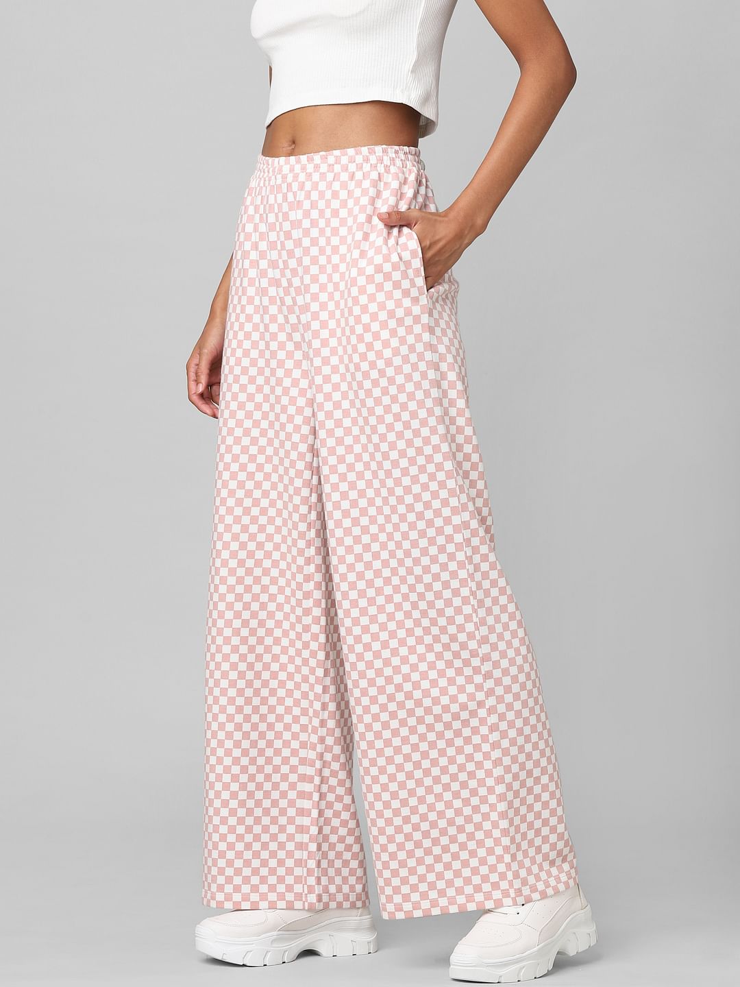 Pink High Rise Check Wide Leg Co-Ord Pants