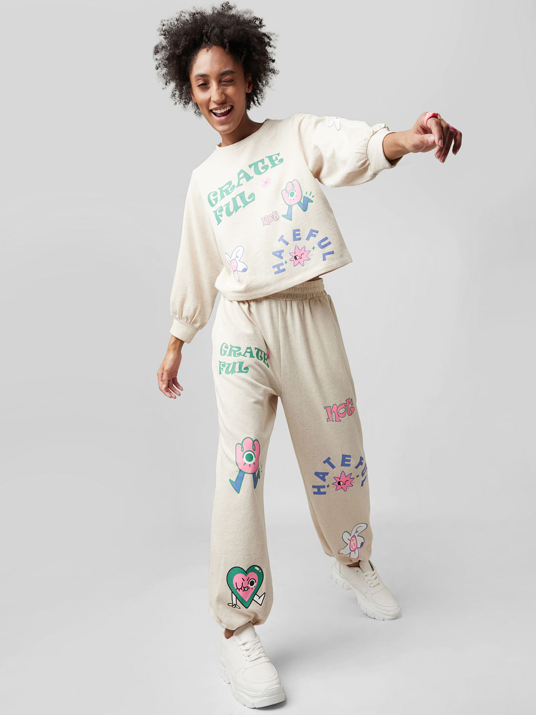 Beige Mid Rise Graphic Print Co-Ord Joggers