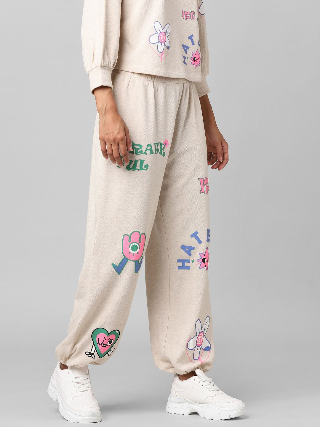 Beige Mid Rise Graphic Print Co-Ord Joggers
