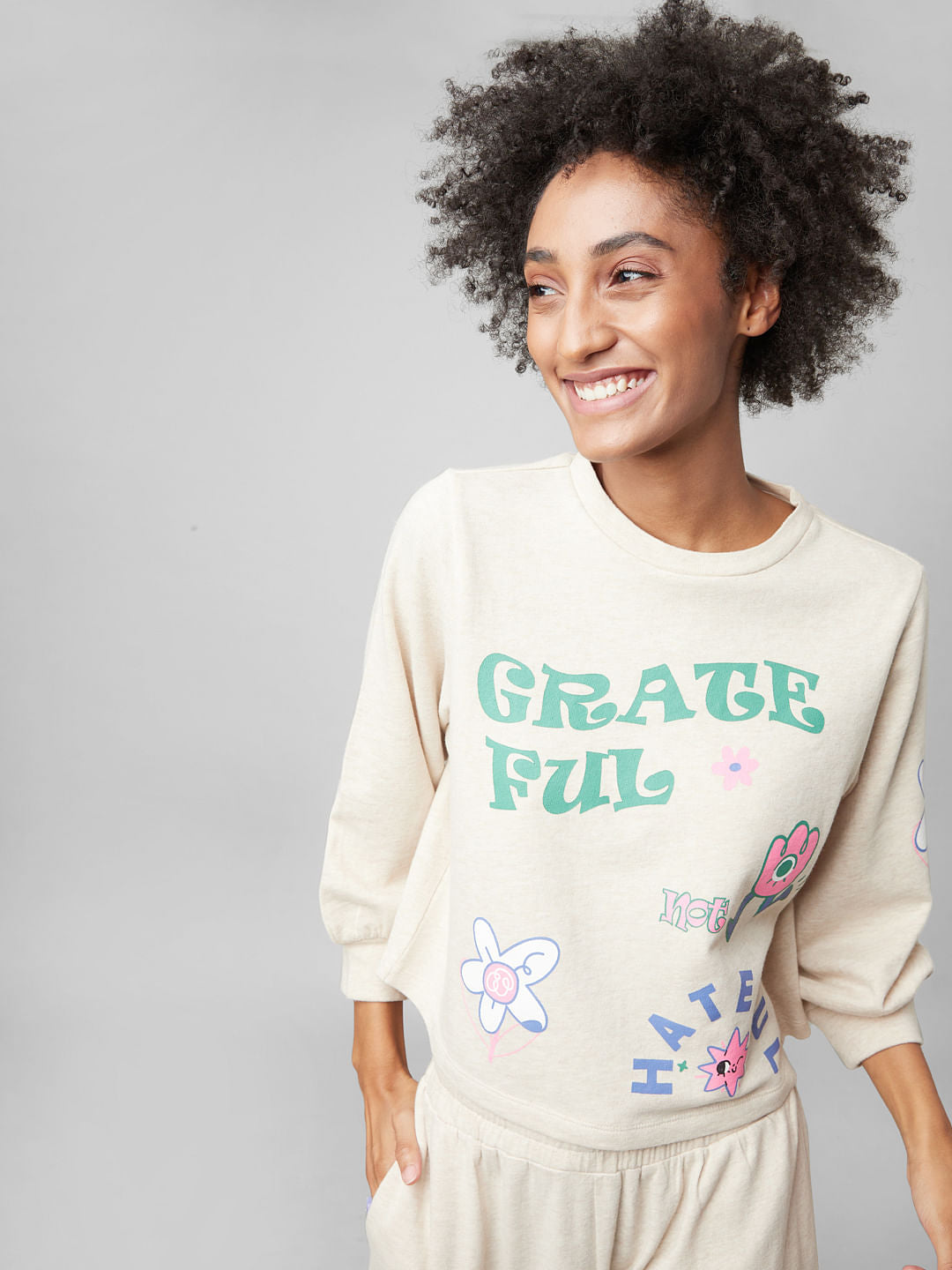 Beige Graphic Print Co-Ord Sweatshirt