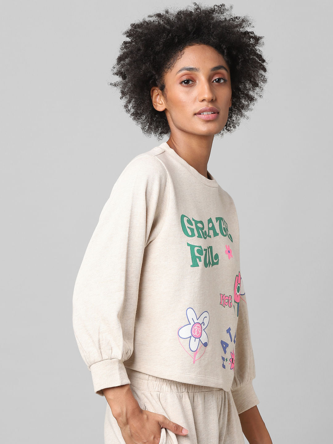Beige Graphic Print Co-Ord Sweatshirt