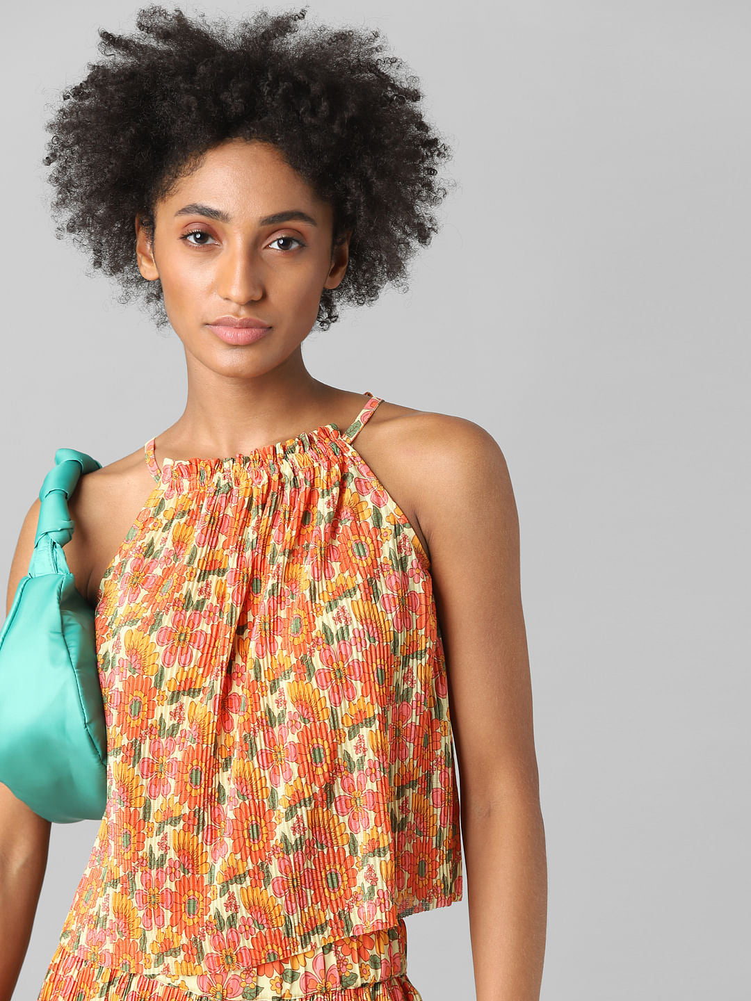 Orange Floral Plisse Co-Ord Top