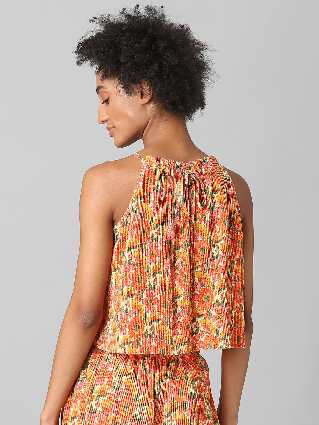 Orange Floral Plisse Co-Ord Top