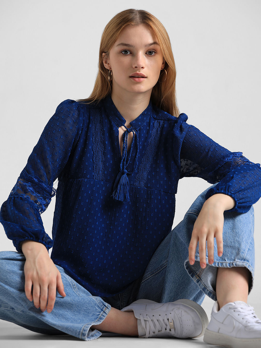 Royal Blue Textured Lace Top