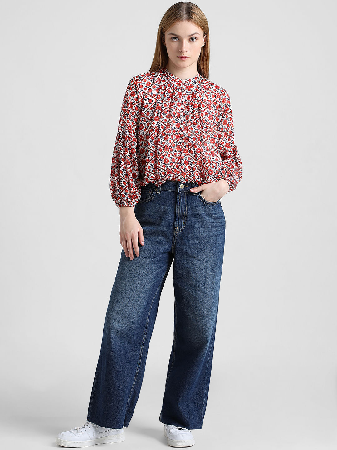 White & Red Floral Top