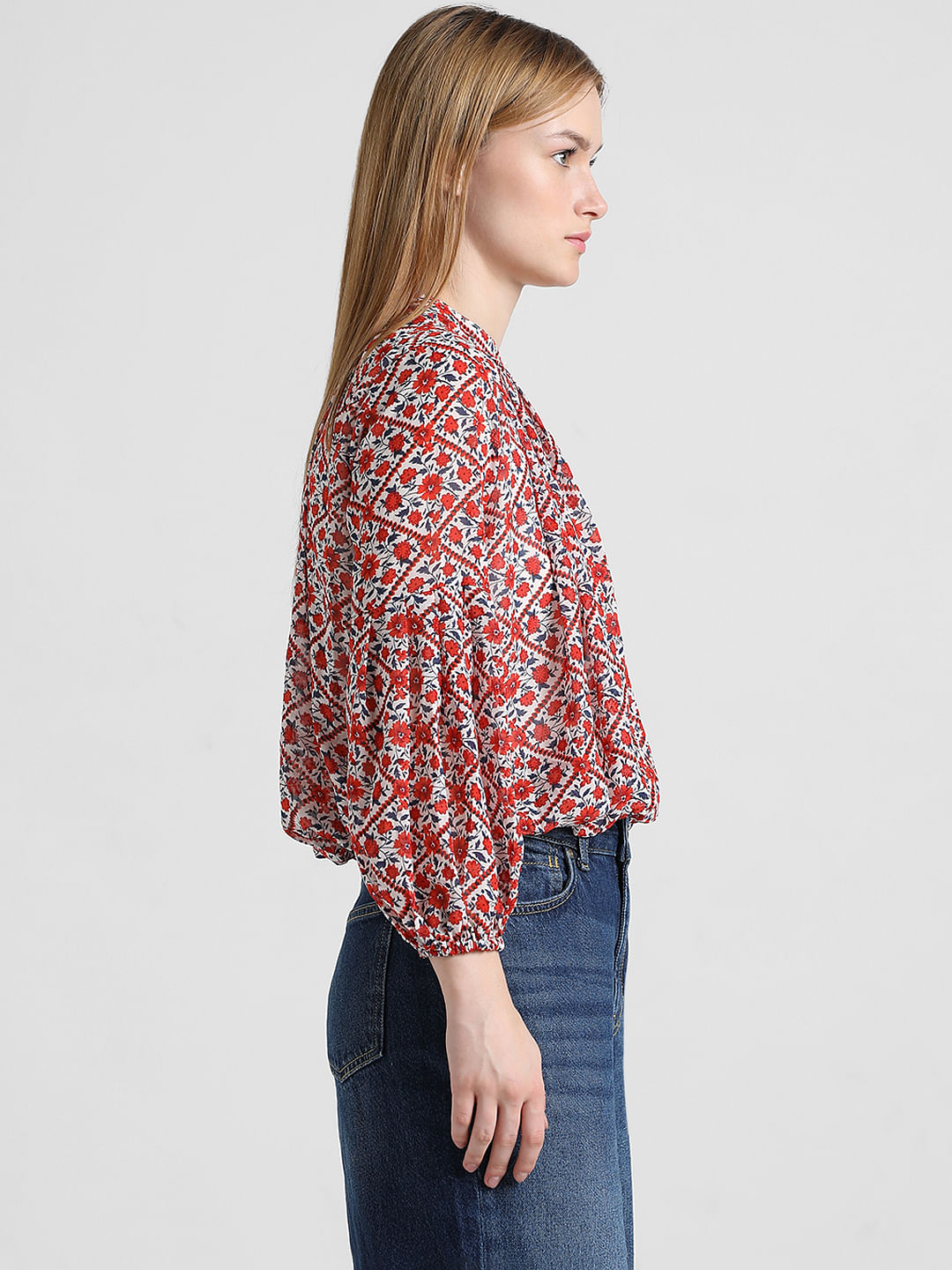 White & Red Floral Top
