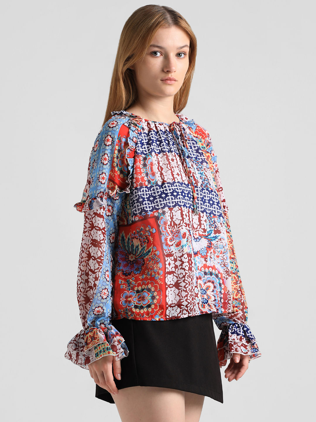 Red Abstract Print Frill Top