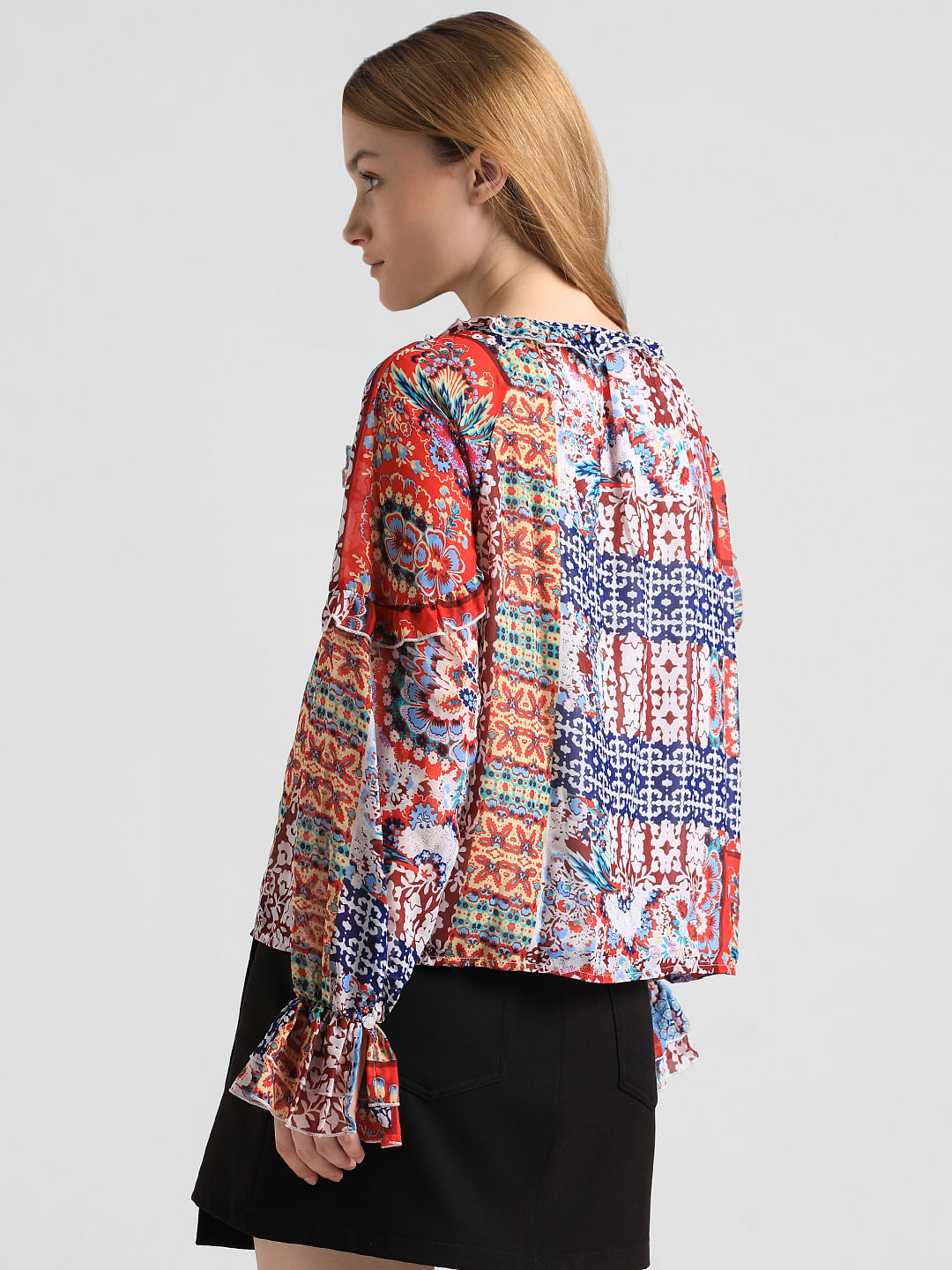 Red Abstract Print Frill Top