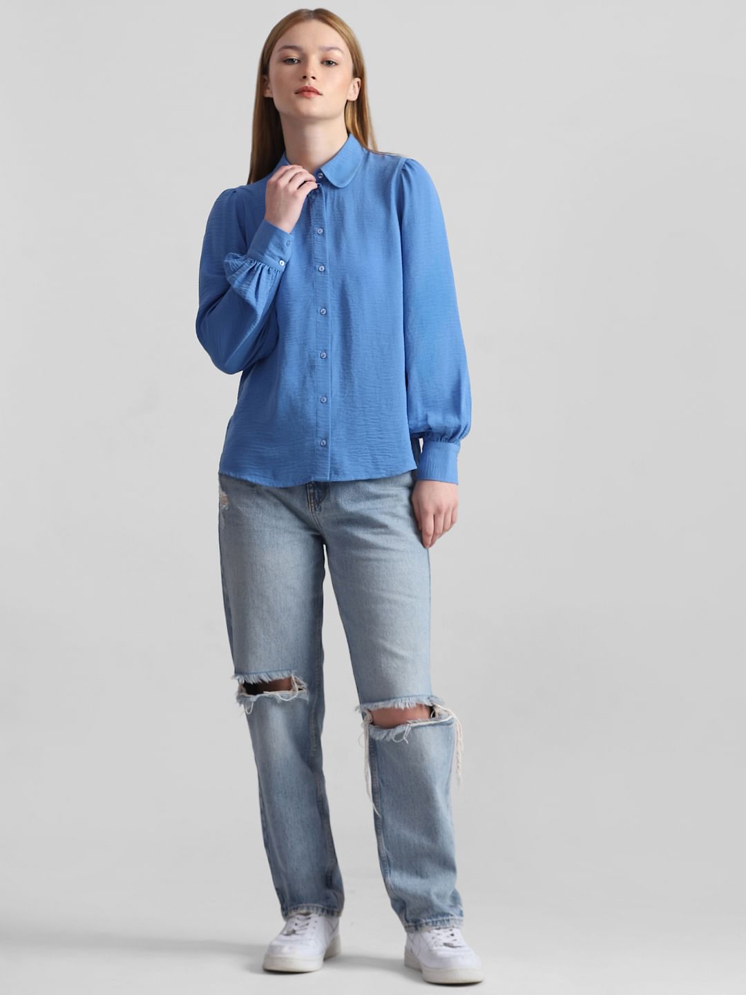 Blue Puff Sleeves Textured Shirt