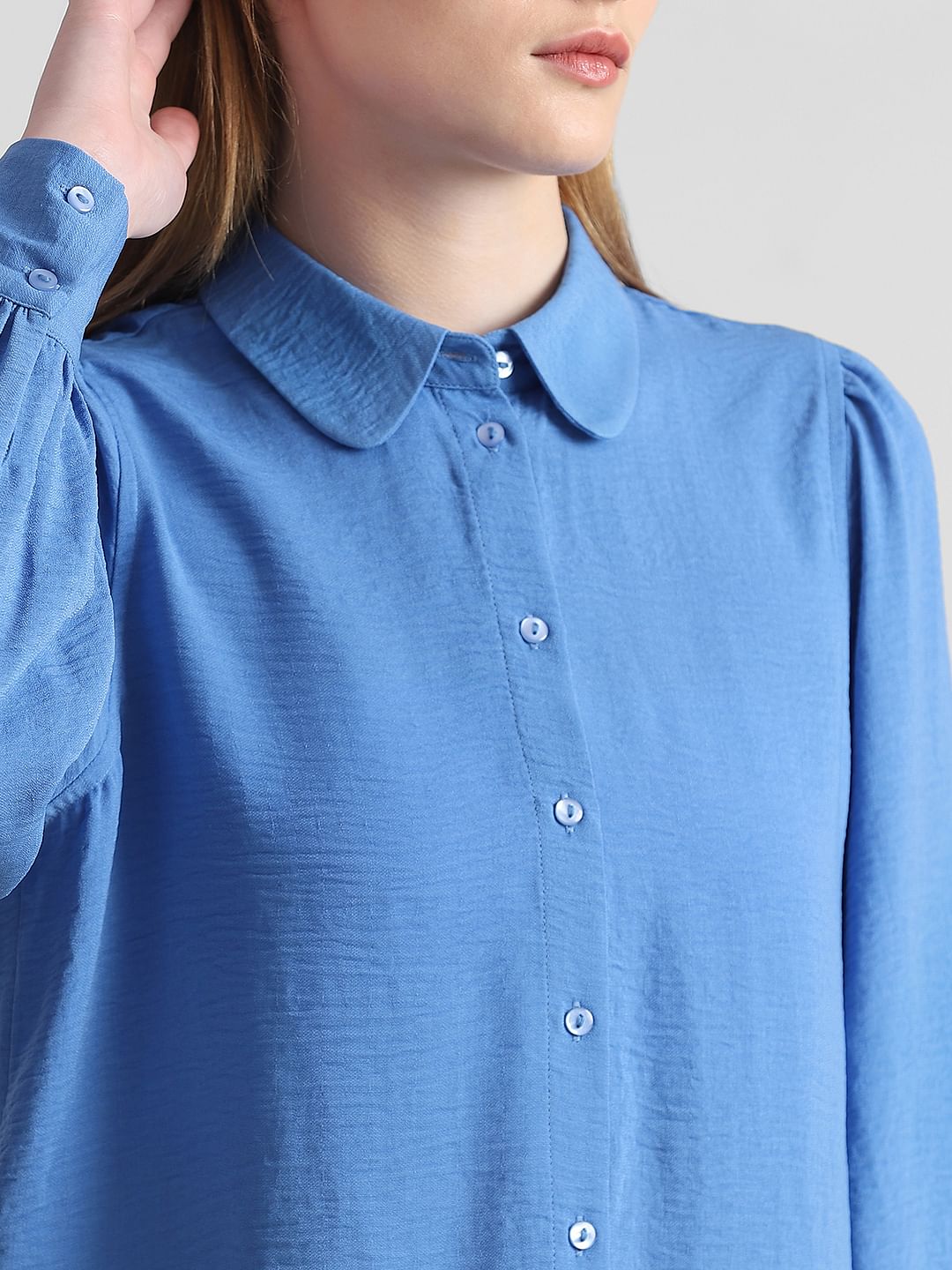 Blue Puff Sleeves Textured Shirt