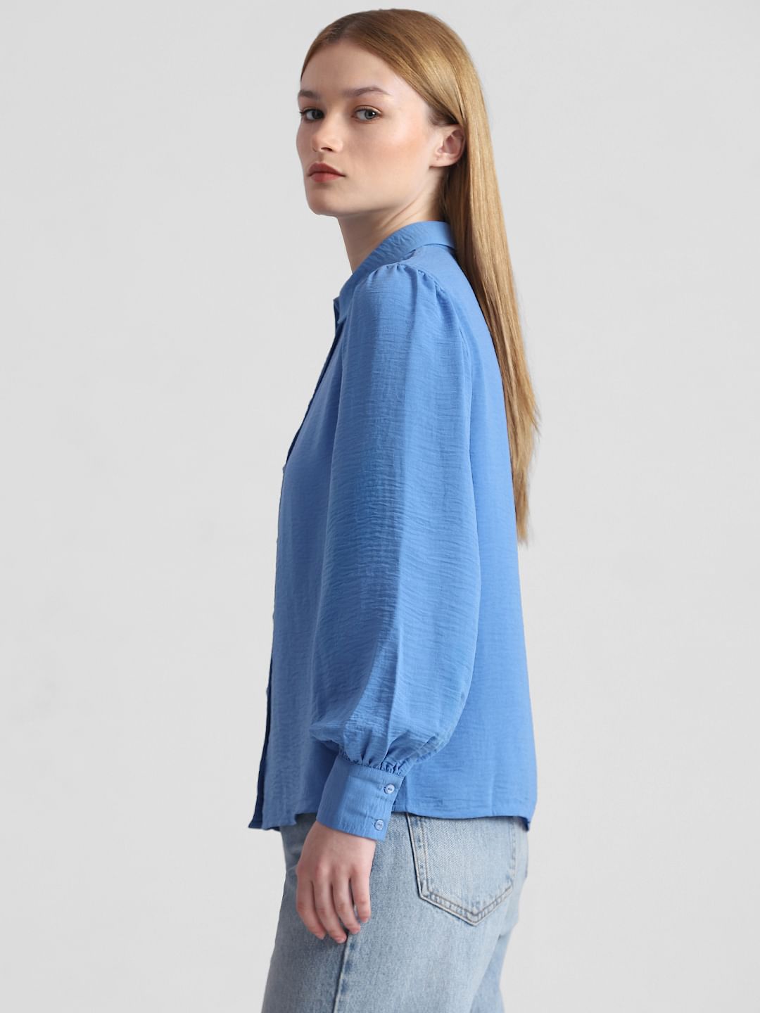 Blue Puff Sleeves Textured Shirt