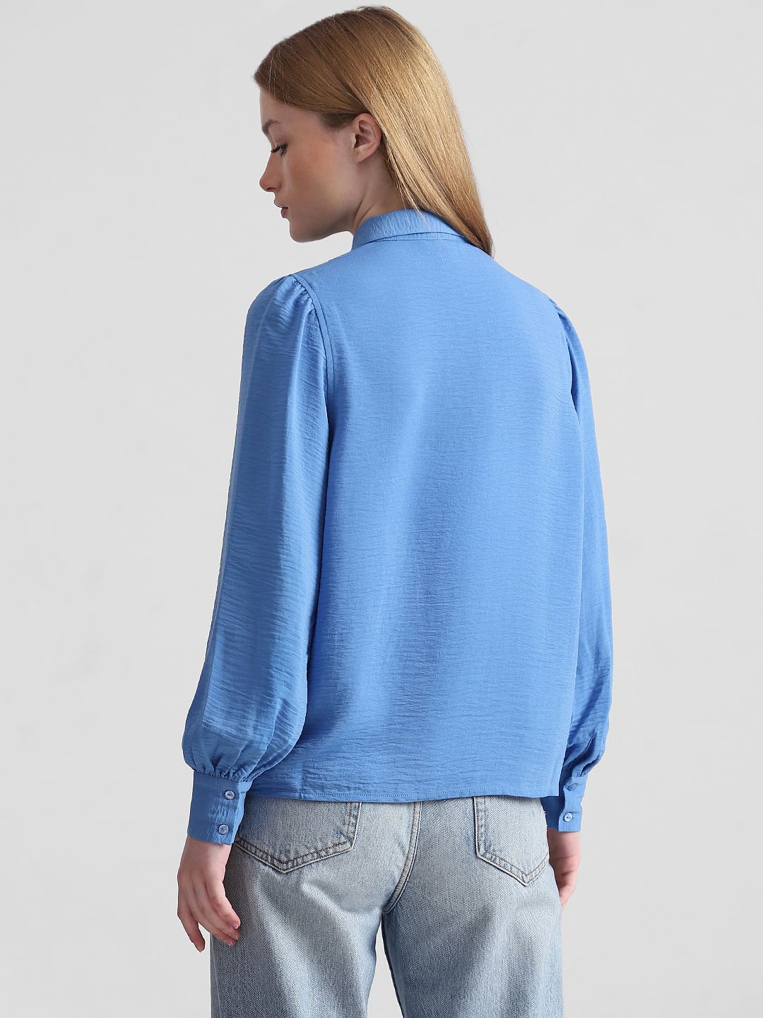 Blue Puff Sleeves Textured Shirt