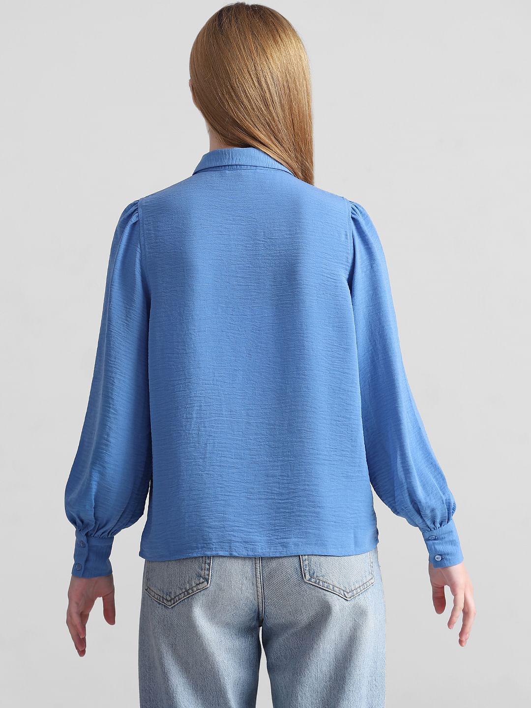 Blue Puff Sleeves Textured Shirt