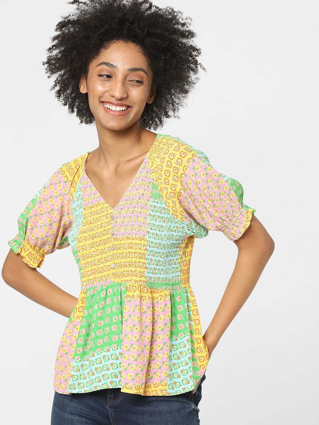 Green Colourblocked Printed Top