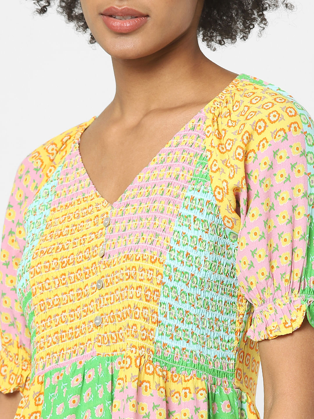 Green Colourblocked Printed Top