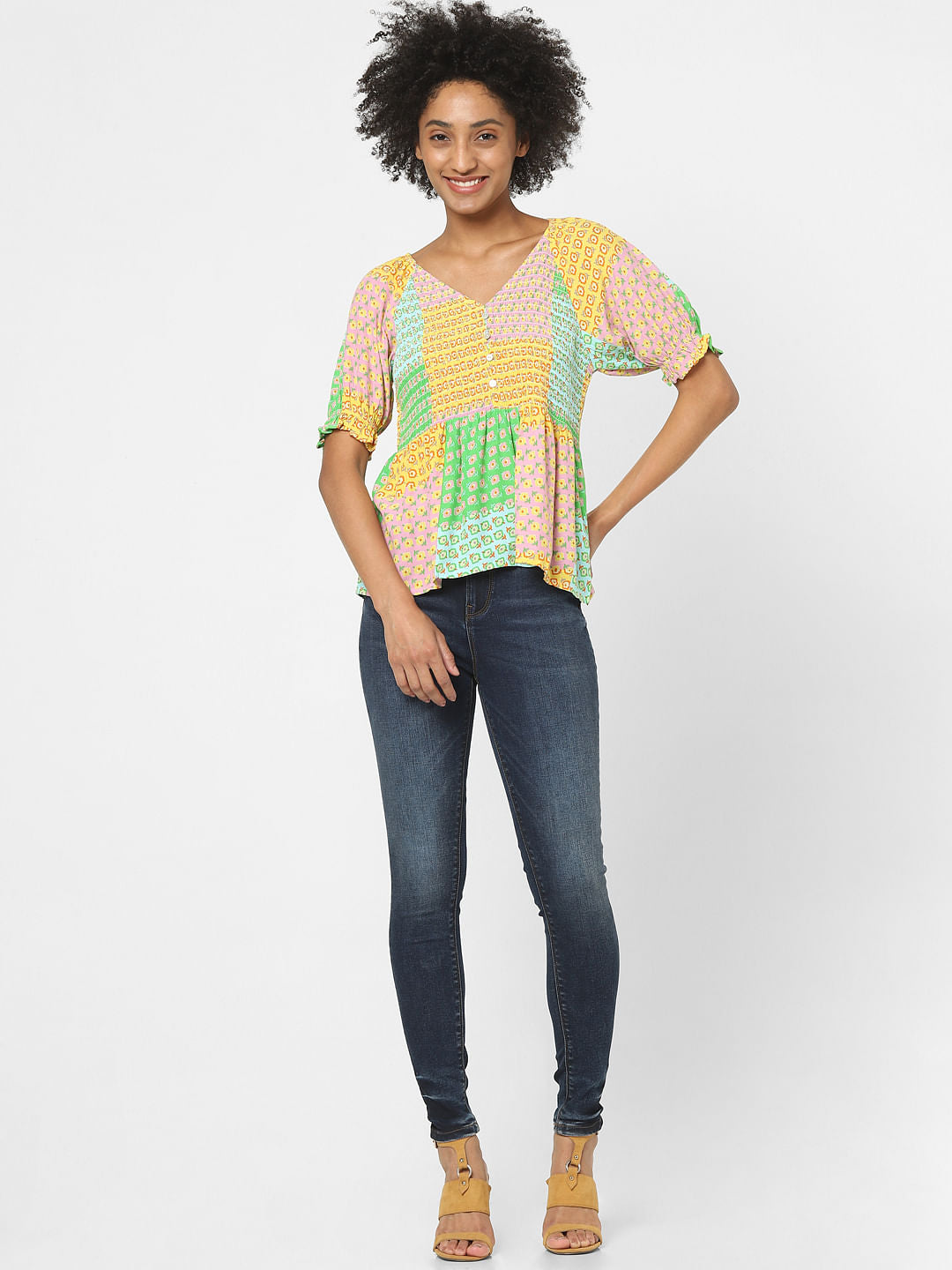 Green Colourblocked Printed Top