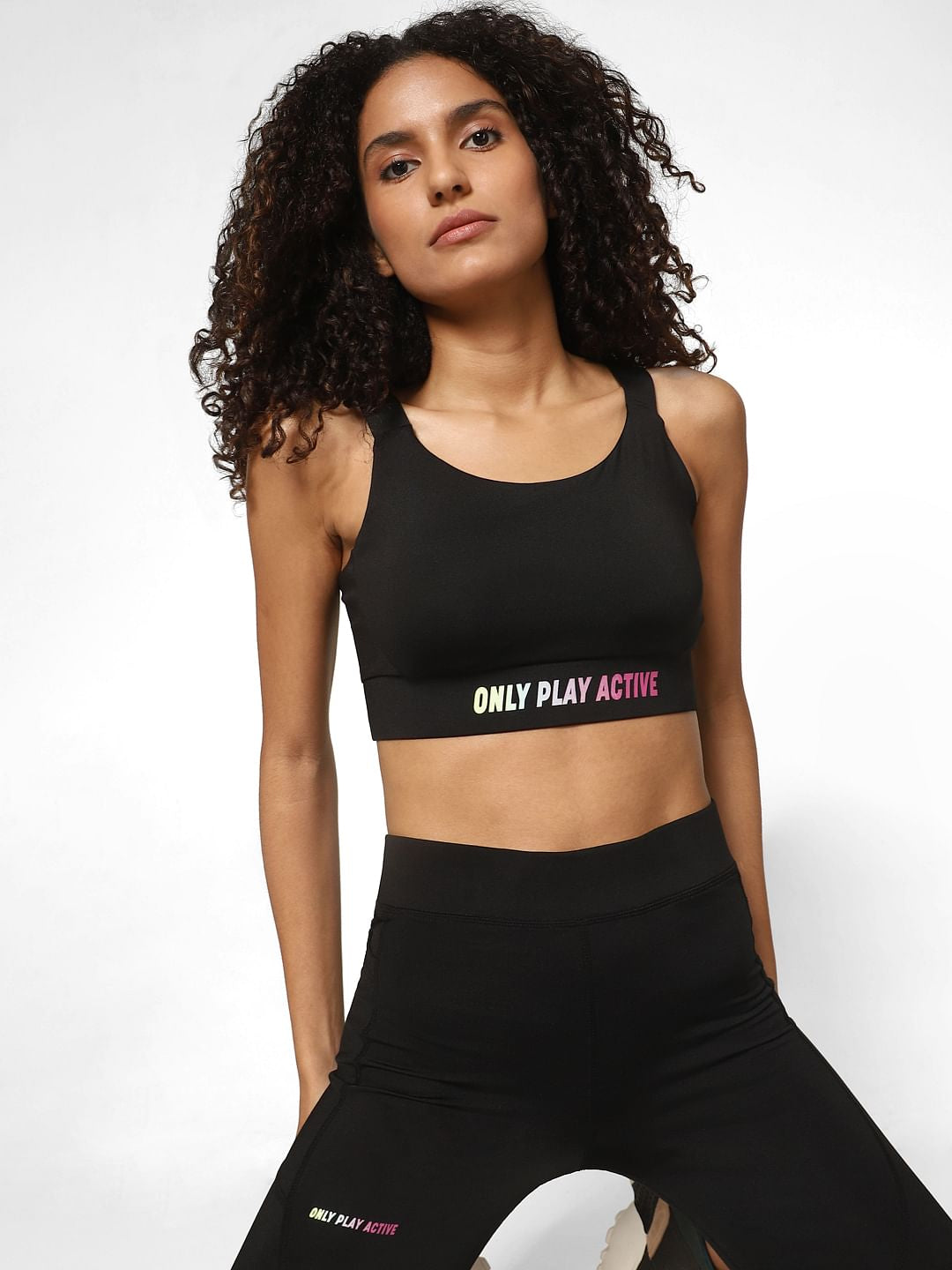 Black Logo Print Sports Bra
