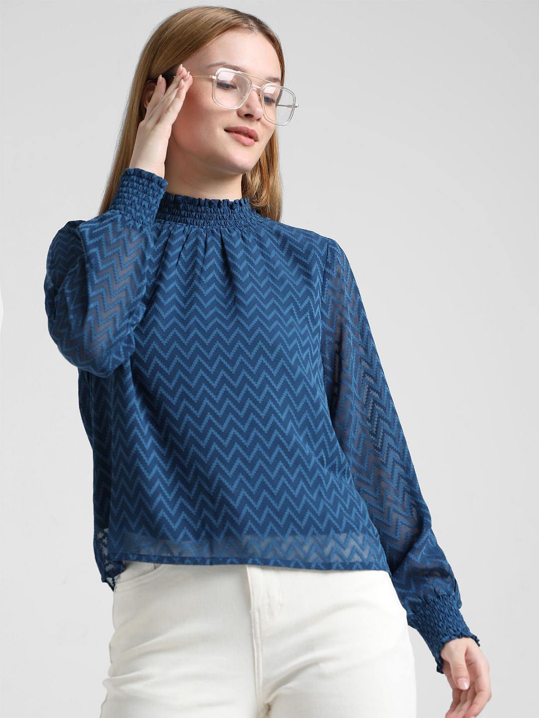 Blue Printed Sheer Cr  Pe Top