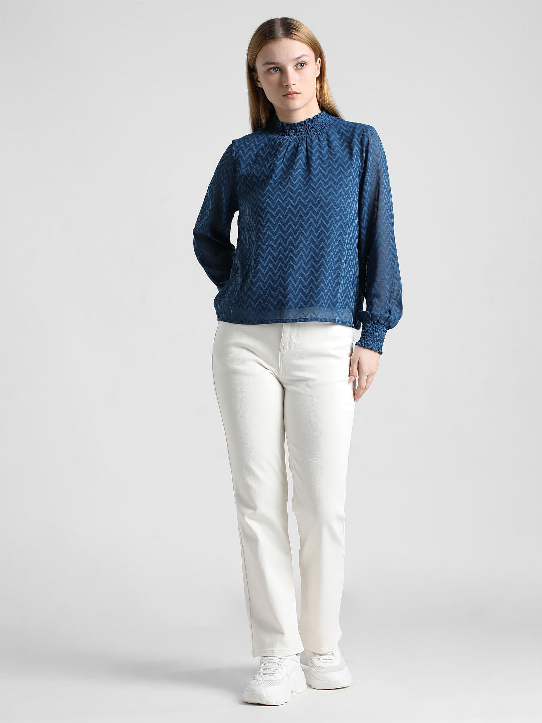 Blue Printed Sheer Cr  Pe Top