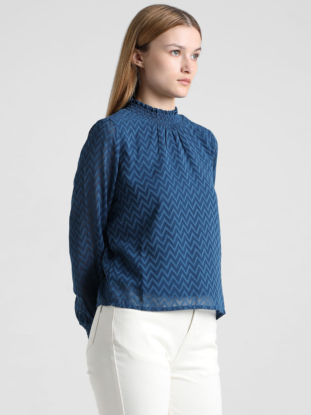 Blue Printed Sheer Cr  Pe Top