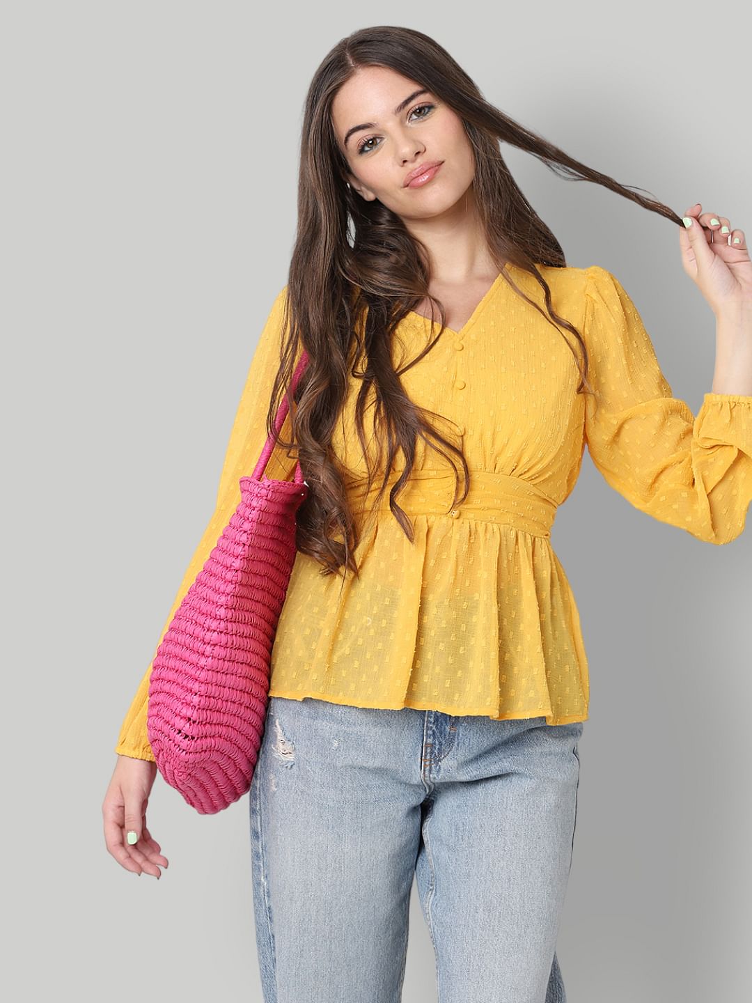 Yellow Textured V-Neck Top