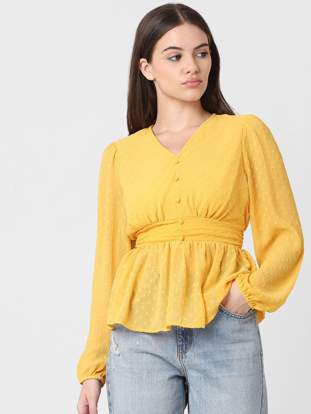 Yellow Textured V-Neck Top