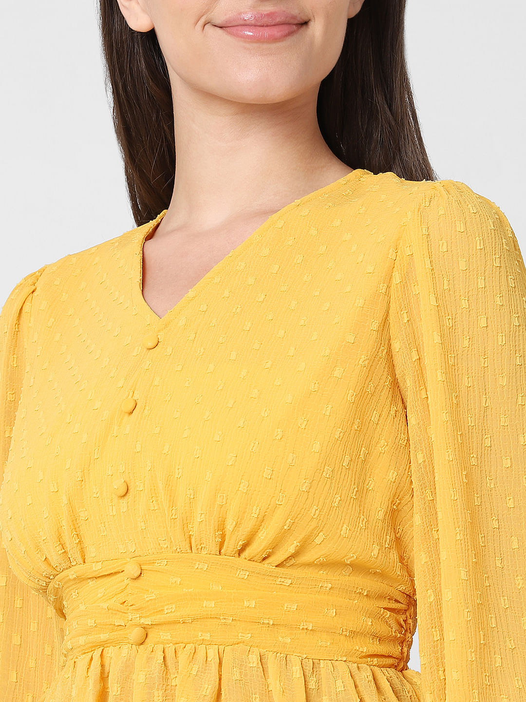 Yellow Textured V-Neck Top