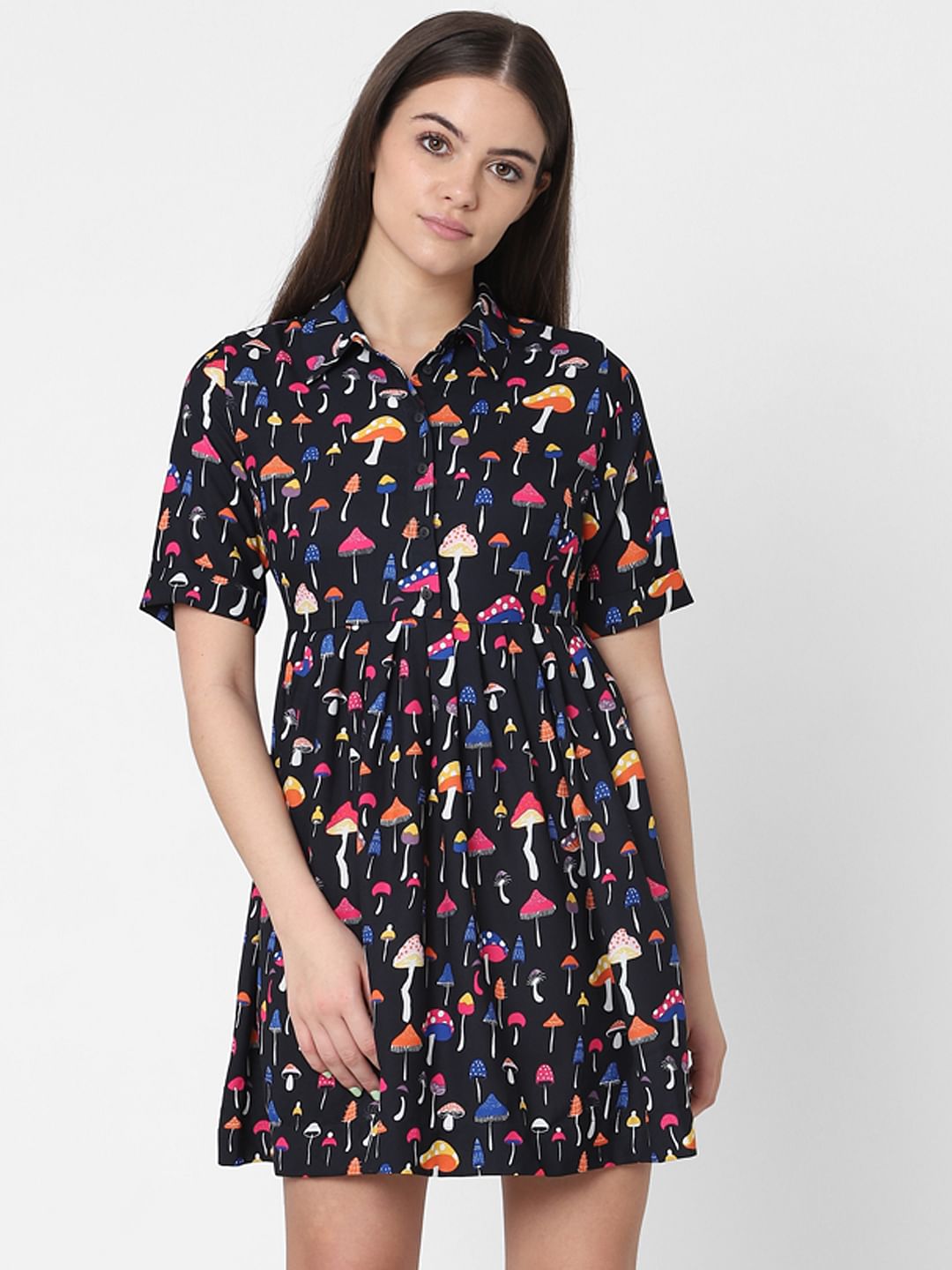 Black Mushroom Print Fit & Flare Dress