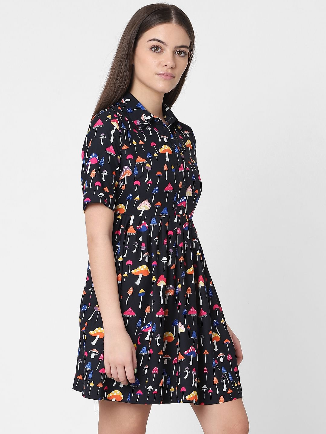 Black Mushroom Print Fit & Flare Dress