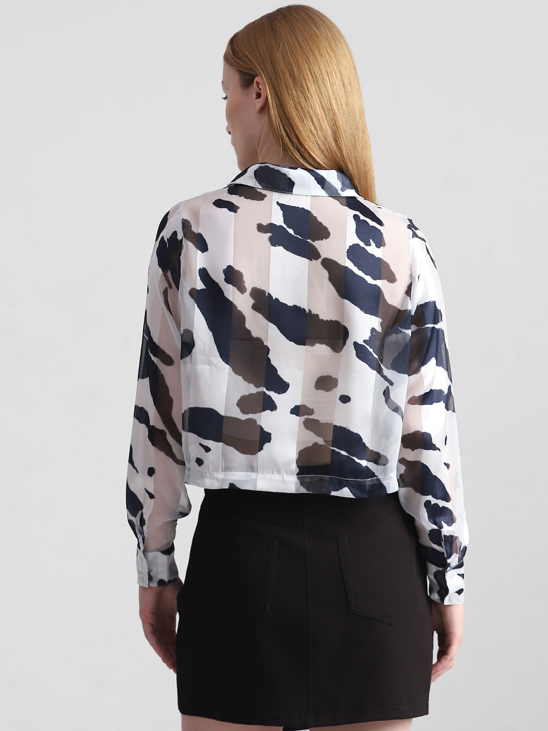 White & Black Printed Cropped Shirt