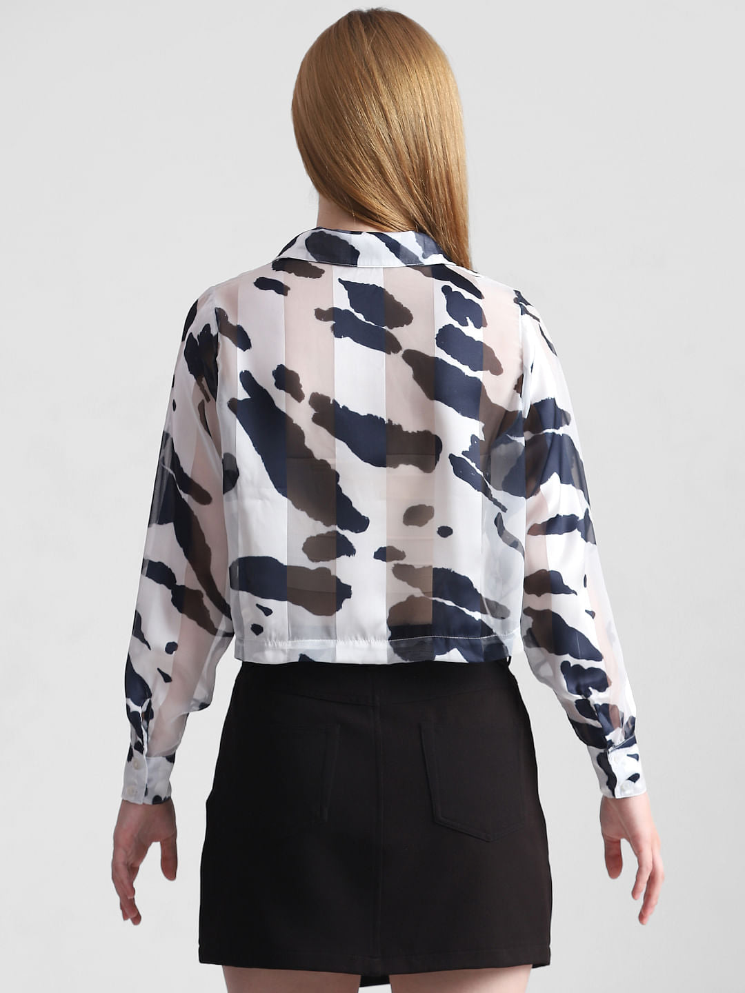 White & Black Printed Cropped Shirt
