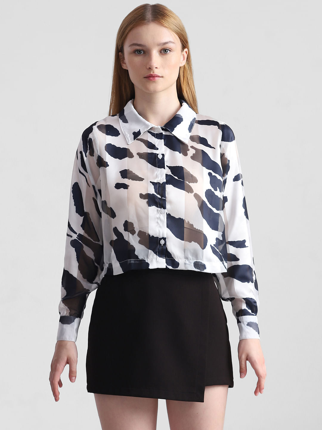 White & Black Printed Cropped Shirt