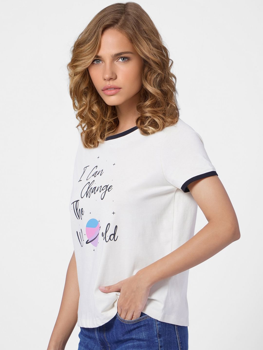 Beige Slogan Print T-Shirt