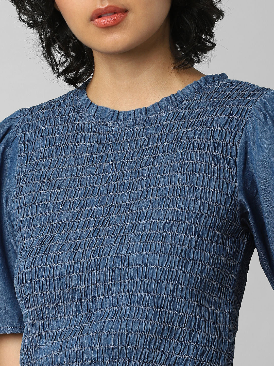 Blue Smocked Denim Top